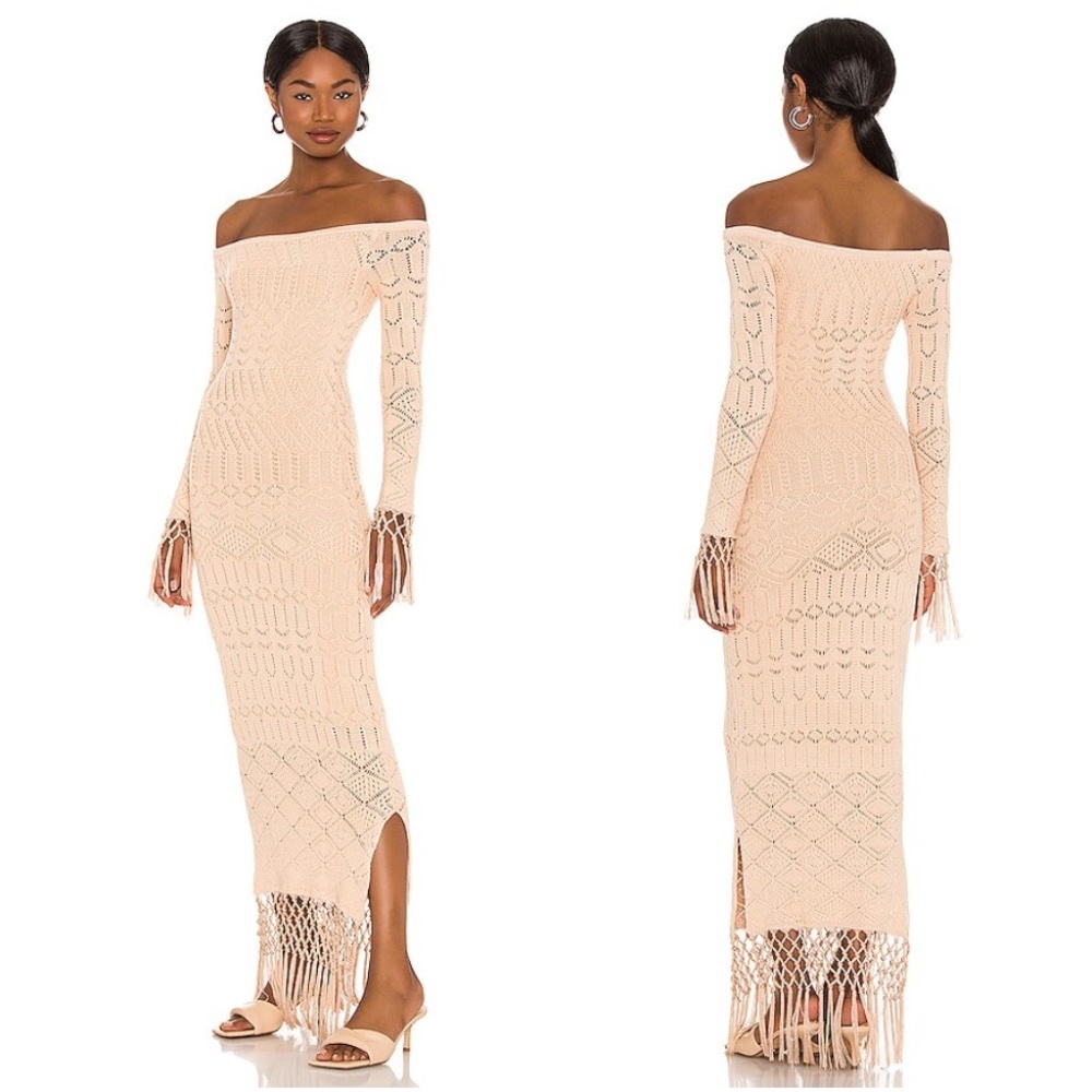 House of Harlow ROSE Crochet Fringe Dress Nude XS EUC Maxi
